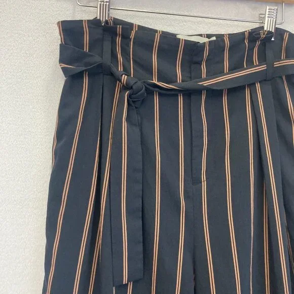 Vince Wide Leg Paperbag Belted Dress Pants Womens 6 Blue Striped Preppy Crepe